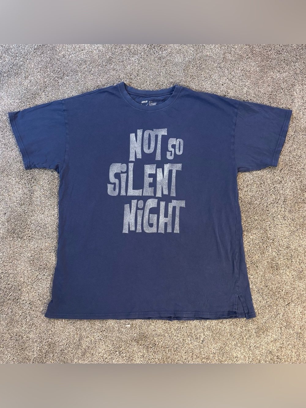 Aerie Women’s Graphic Tee Blue “Not So Silent Night” Glitter Crew Cotton Sz XS